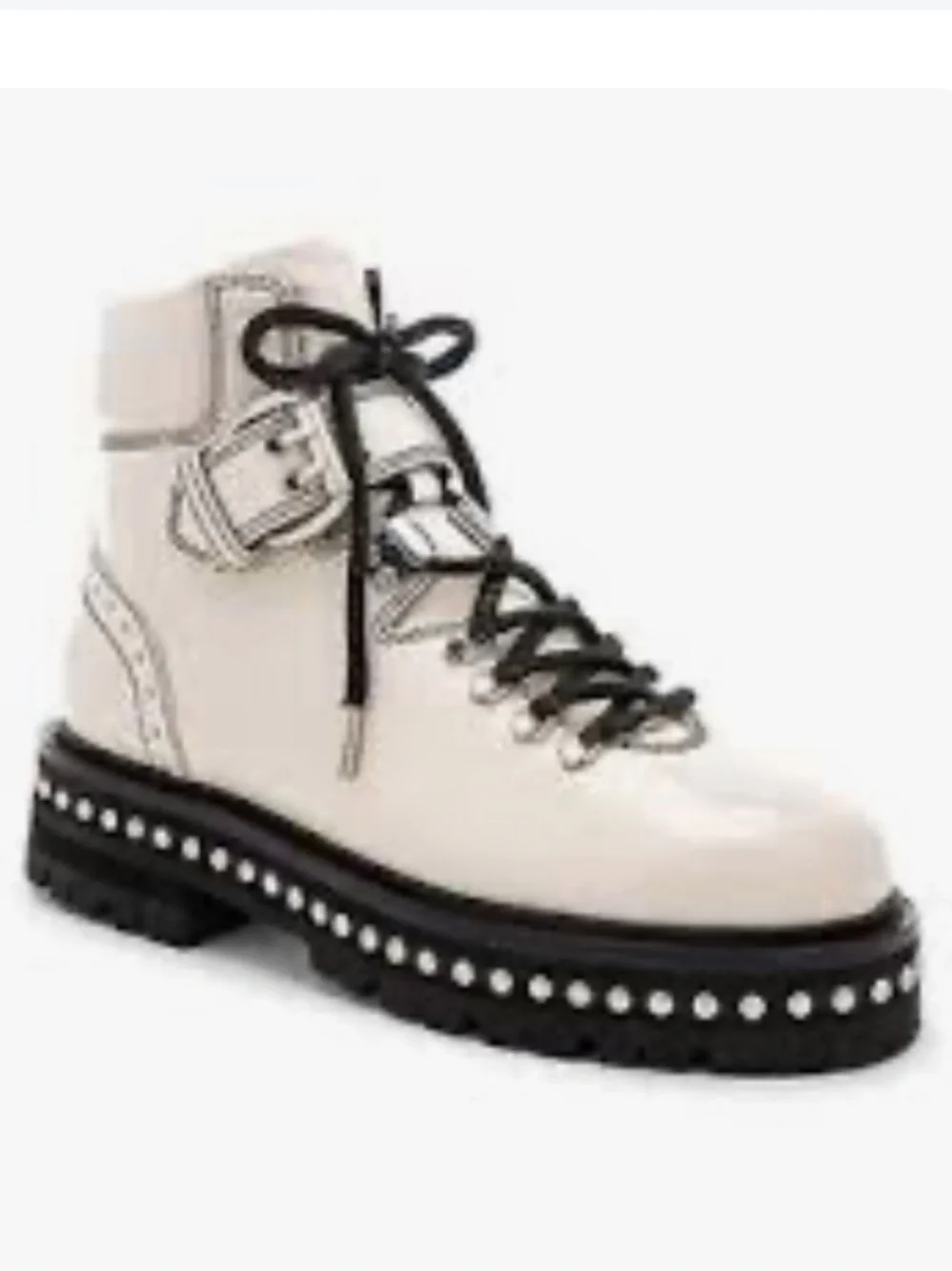 Lola Cruz Patent Leather Off White/ Ivory  Moto Ankle Boots Size 38 US 7.5-8